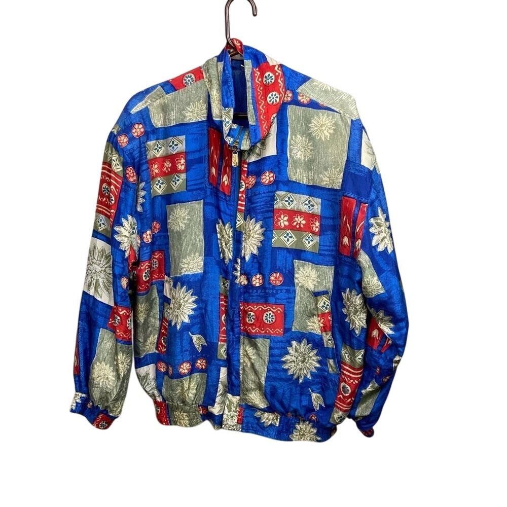 Vintage FUDA International Women's 100% Silk Track Jacket LARGE Blue Red‎ 80's
